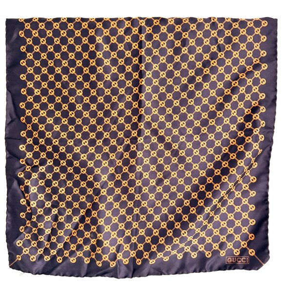 Gucci Navy Blue Gold All Over Print Silk Hand Rolled Scarf - Picture 1 of 7